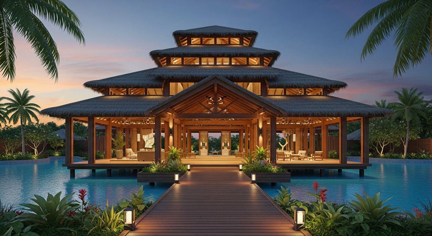 Green Villas Resort reception clubhouse at the entry to the jetty